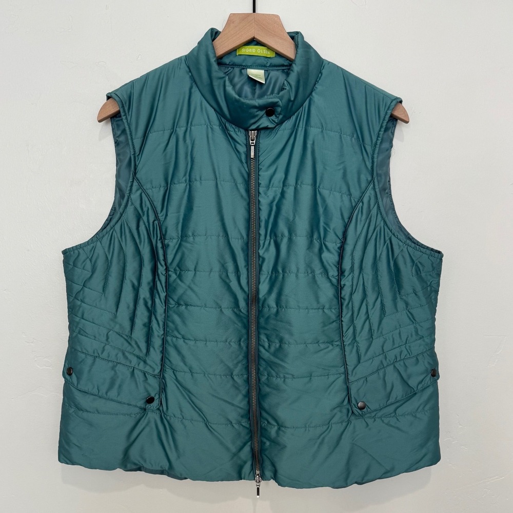 Sigrid Olsen Woman Teal Blue Quilted Puffer Vest Size 1X Full Zip Mock Neck Fall